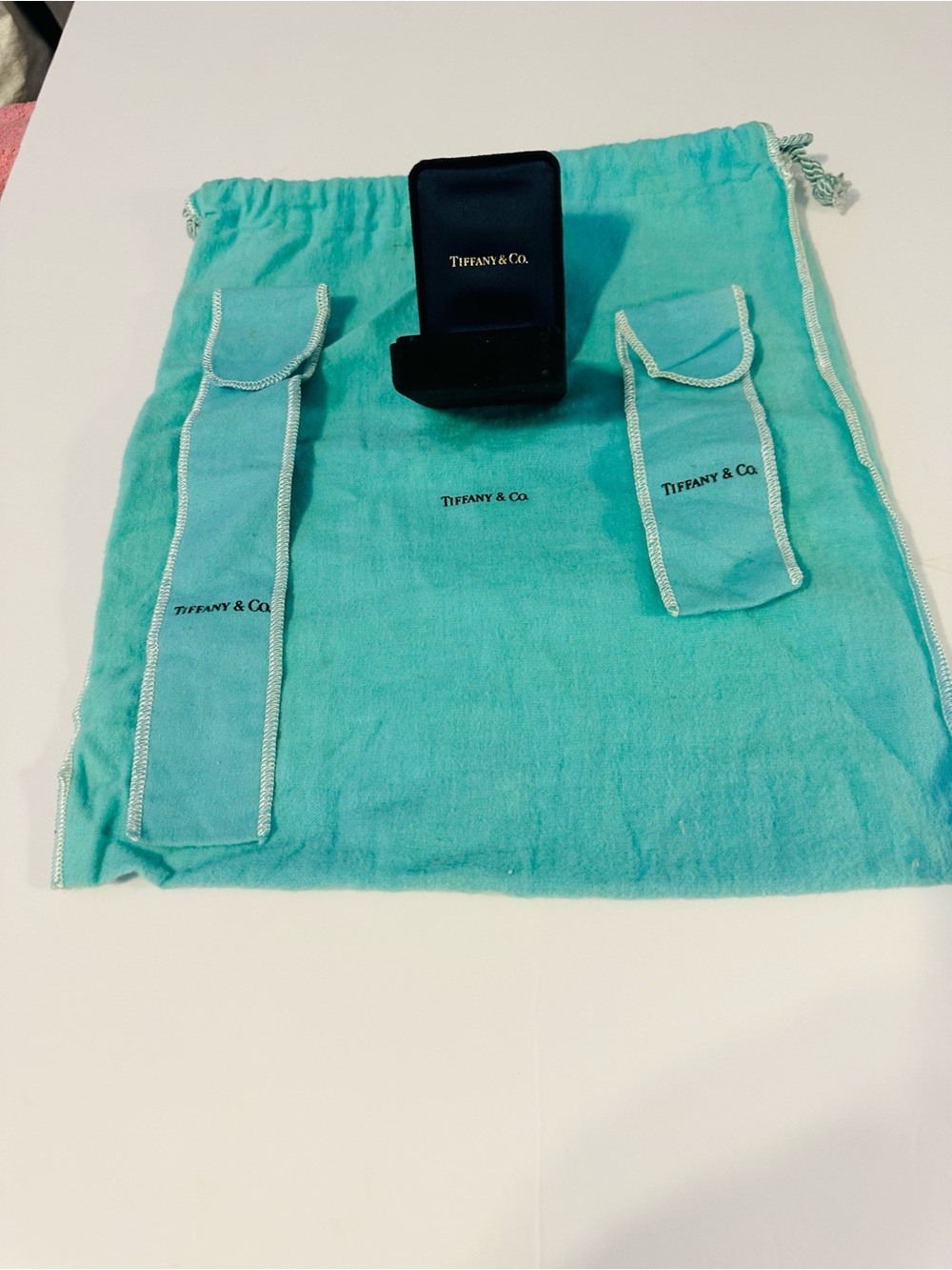 Tiffany &Co XL Suede Dust Bag. Tiffany black box. Two flip over Tiffany pouches